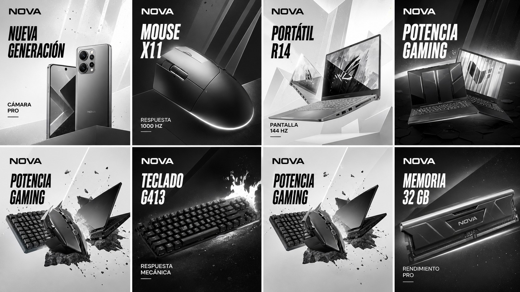 Grilla monocromática NOVA con ocho anuncios de tecnología