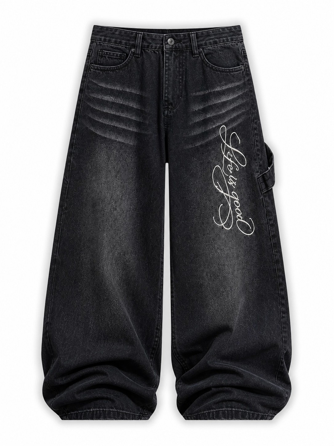 Jean negro wide leg Wess con lettering blanco