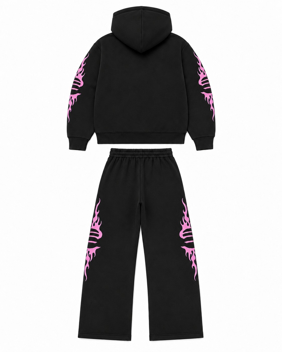 Conjunto Wess negro con gráfica rosa visto desde atrás