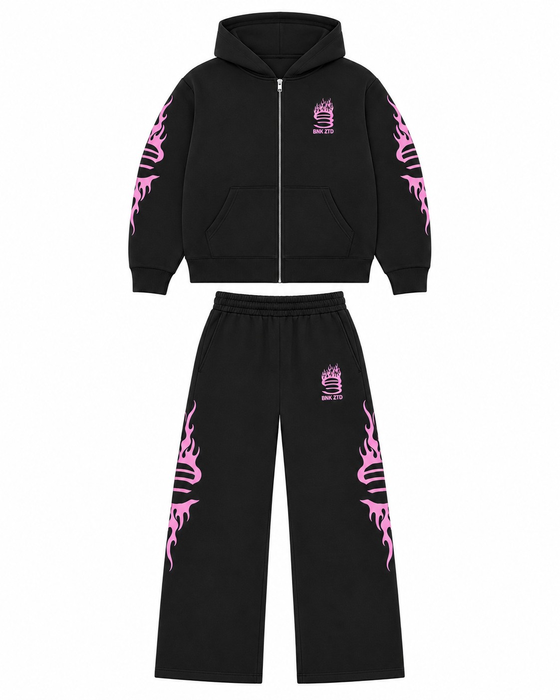 Conjunto Wess negro con gráfica rosa visto de frente